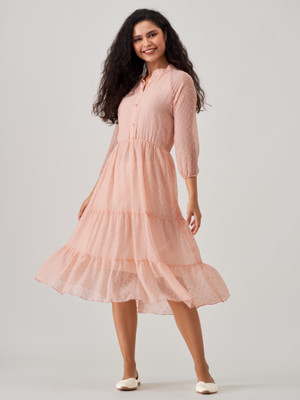 AASK Women Fit and Flare Pink Midi/Calf Length Dress