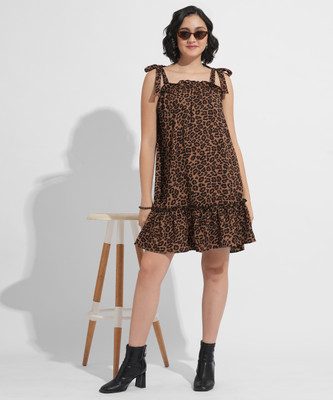 FashFun Women Fit and Flare Brown Above Knee/Mid Thigh Length Dress