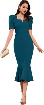 TESSAVEGAS Women Bodycon Blue Below Knee Dress
