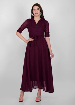 HIZA Women Fit and Flare Maroon Ankle Length Dress