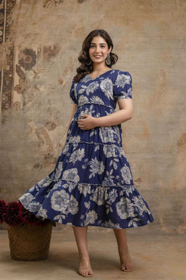 Giabella Women Fit and Flare Dark Blue Below Knee Dress