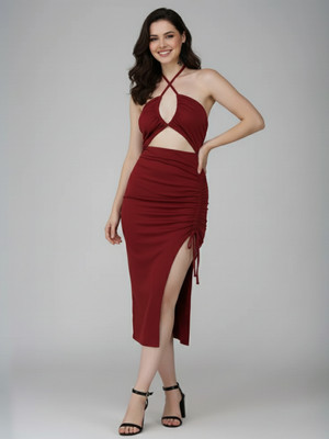 ekeshwara Women Bodycon Red Midi/Calf Length Dress