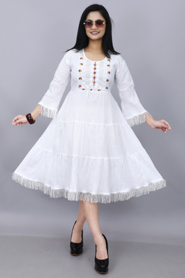 SHREESHYAMDARBAR Women A-line White Midi/Calf Length Dress