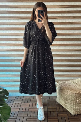 MANOJAVA Women Fit and Flare Black Below Knee Dress
