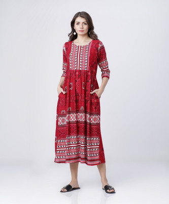 Vishudh Women A-line Red Midi/Calf Length Dress