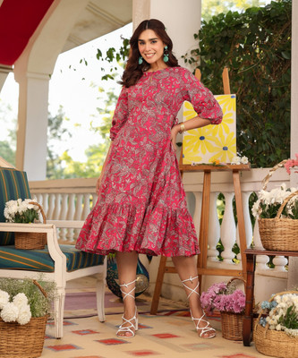 Janasya Women Tiered Pink Midi/Calf Length Dress
