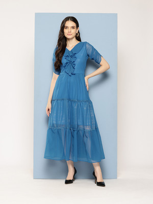 CORSICA Women Fit and Flare Blue Ankle Length Dress