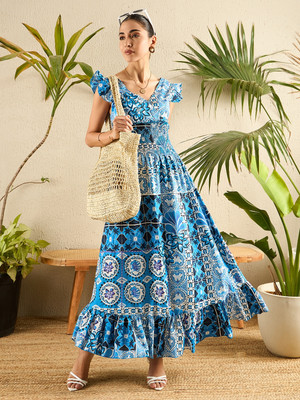 Uptownie Women Fit and Flare Blue Maxi/Full Length Dress