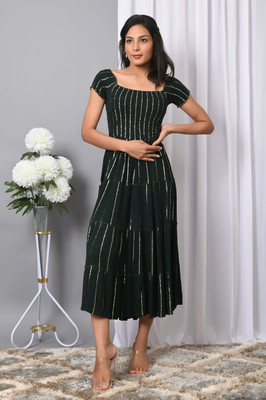 VYMO Women Fit and Flare Dark Green Midi/Calf Length Dress