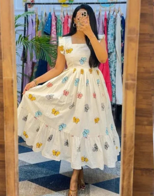 JANKI FASHION Women Fit and Flare White Below Knee Dress