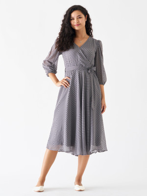 AASK Women Fit and Flare Grey Midi/Calf Length Dress