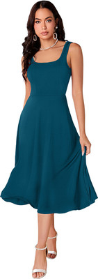 TESSAVEGAS Women A-line Blue Midi/Calf Length Dress