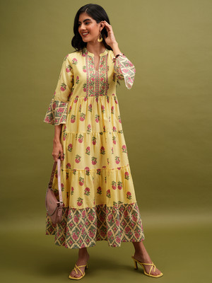 Vishudh Women Ethnic Dress Yellow Maxi/Full Length Dress