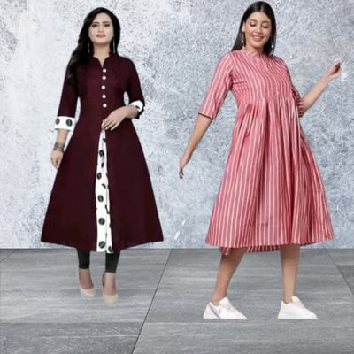 Texpamz Women Striped A-line Kurta(Red, Pink)