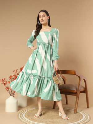 ZWERLON Women Fit and Flare Light Green Midi/Calf Length Dress