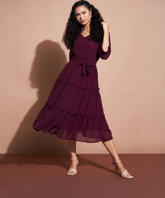 Deewa Women Fit and Flare Maroon Below Knee Dress