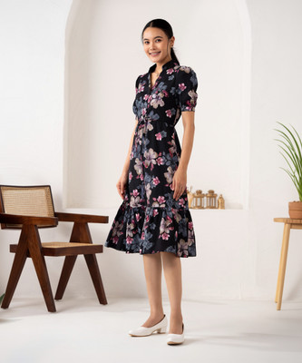 AASK Women Fit and Flare Black Knee Length Dress