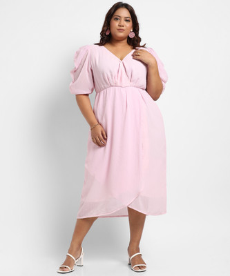 Instafab Plus Women A-line Pink Midi/Calf Length Dress
