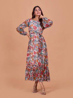 all about you Women Fit and Flare Multicolor Maxi/Full Length Dress
