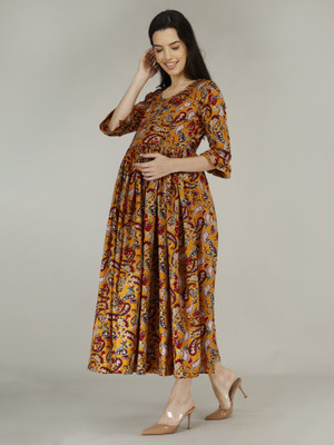 SupBir Women Fit and Flare Yellow Midi/Calf Length Dress