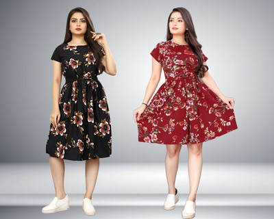 FashhionWorld Women A-line Black, Maroon Knee Length Dress