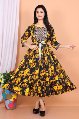 ITC FASHION Women A-line Yellow, Black Midi/Calf Length Dress