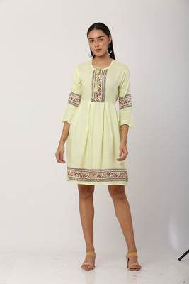 A R J FASHION Women Fit and Flare Yellow Knee Length Dress