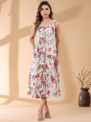 Janasya Women A-line White Midi/Calf Length Dress