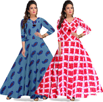 Shunit creation Women Fit and Flare Grey, Pink Maxi/Full Length Dress