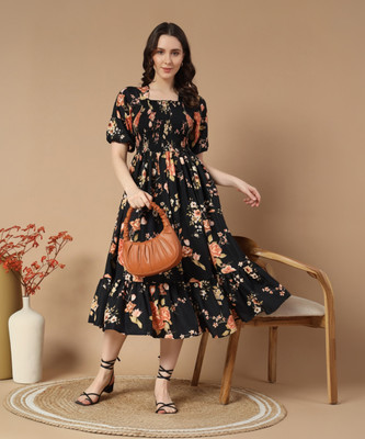 Krunal Raiyani Women Fit and Flare Multicolor Midi/Calf Length Dress