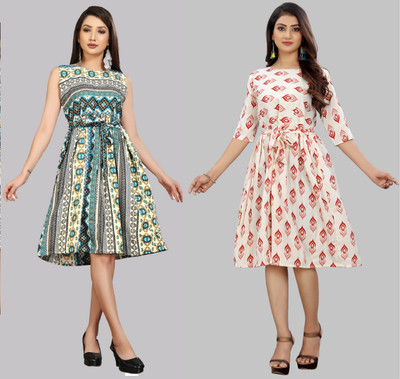 Hiral Creation Women Fit and Flare Beige Knee Length Dress
