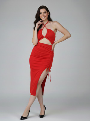 ekeshwara Women Bodycon Red Midi/Calf Length Dress