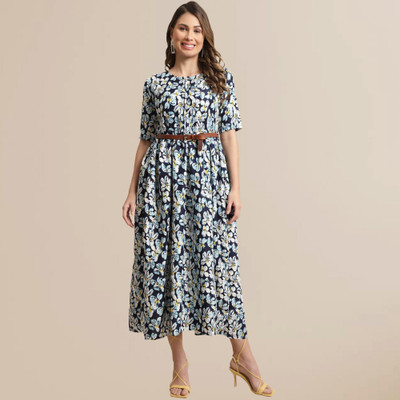 Fabflee Women A-line Blue Midi/Calf Length Dress