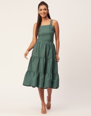 moomaya Women Fit and Flare Green Dress