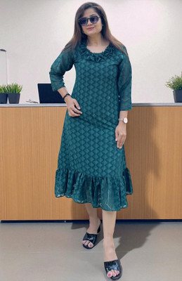 Bhanderi Creation Women A-line Green Below Knee Dress