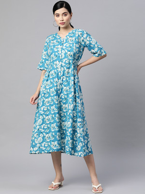 indibelle Women A-line Blue Midi/Calf Length Dress