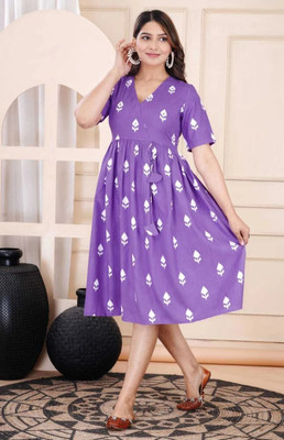 HIRDAY CREATION Women Gown White, Purple Knee Length Dress