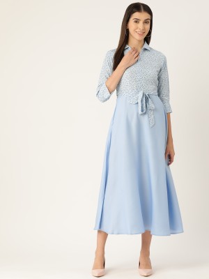 Deewa Women Fit and Flare Dark Green, White, Light Blue Dress