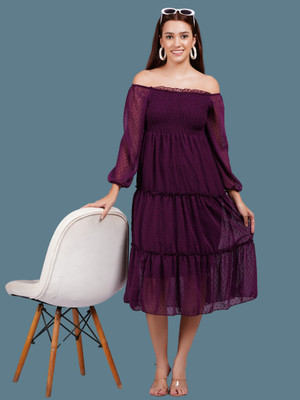 JC4U Women Fit and Flare Red Midi/Calf Length Dress