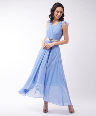 Miss Chase Women Fit and Flare Blue Maxi/Full Length Dress