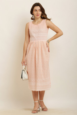 IT FASHION Women A-line Orange, White Midi/Calf Length Dress