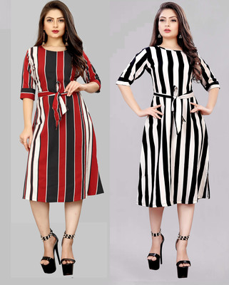 tanvi creation Women Skater White, Red Knee Length Dress