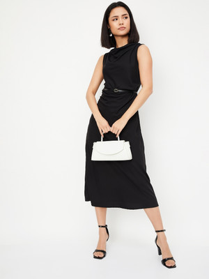 MAX Women A-line Black Midi/Calf Length Dress
