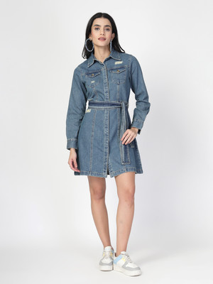 Cosmic Trio Women A-line Dark Blue Above Knee/Mid Thigh Length Dress