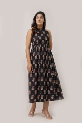 SHANGUL Women Fit and Flare Black Midi/Calf Length Dress