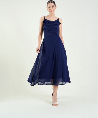 AAYU Women Fit and Flare Blue Midi/Calf Length Dress
