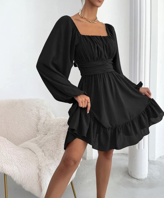 FlowerBloom Women Fit and Flare Black Above Knee/Mid Thigh Length Dress