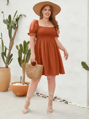 DressBerry Curve Women Fit and Flare Orange Above Knee/Mid Thigh Length Dress
