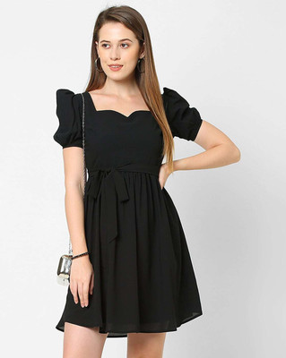 Tylaent Women A-line Black Above Knee/Mid Thigh Length Dress