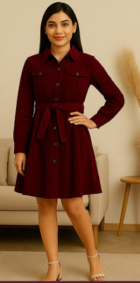 ROSEMELON Women Fit and Flare Maroon Above Knee/Mid Thigh Length Dress